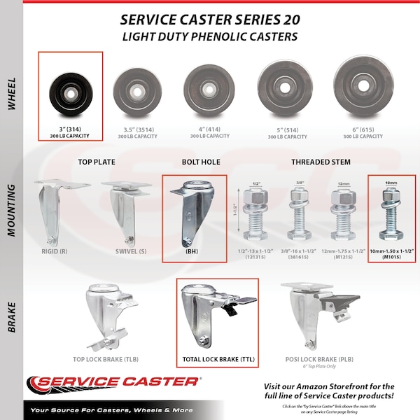 Service Caster 3 Inch SS Phenolic 10mm Threaded Stem Caster with Total Lock Brake SCC SCC-SSTSTTL20S314-PHS-M1015 - main